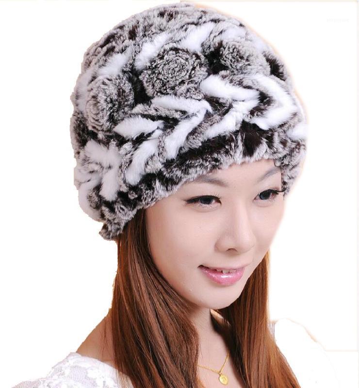 

2020 Genuine Knitted Rex Fur Hat Winter Lady Floral Cap Female Headgear Women Fur Beanies1, White grey