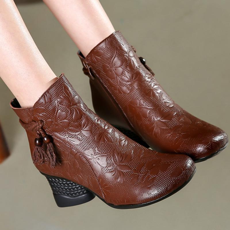 

Woman Retro Engraved Flower Genuine Leather Boots Women Side Zipper Cowhide Ankle Boots Female Vintage Floral Warm Winter Shoes, Black
