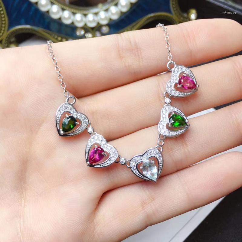 

Natural topaz tourmaline Necklace natural diopside Aquamarine Pendant Necklace S925 silver romantic Peach heart women Jewelry1