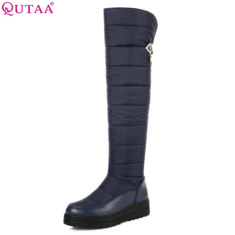 

QUTAA 2020 Women Over The Knee Boots Wedge Med Heel Winter Shoes Women Zipper Blue Round Toe Ladies Snow Boots Size 34-43, Black