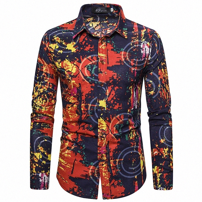 Men's Shirt Graphic Color Block Geometry Turndown Button Down Collar Casual Daily Patchwork Print Long Sleeve Tops Simple Lightweight Basic