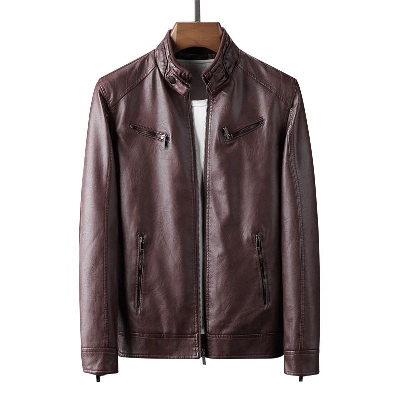 

Autumn Motorcycle Leather Jacket Men PU Handsome Youth Stand Collar Solid Color Zipper Men Leather Jacket Casual, Red