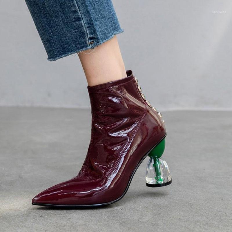 

Ladies Patent Leather Lucency Strange Heels Ankle Boots Spring Pointed Toe Female Crytal Heels Bottine Zip Side Motorcycle Boots1, Black