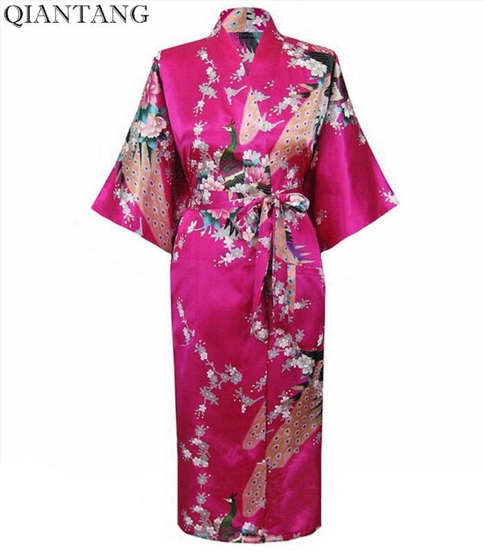 

Plus Size Hot Pink Female Night Robe Hot Sale Lady Faux Silk Kimono Bath Gown Summer Sleepwear Peafowl  M L XL XXL XXXL S0034