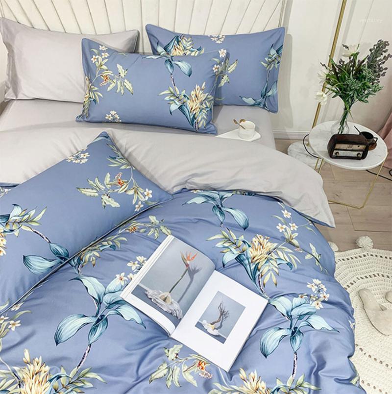 

European beautiful blue flower bedding set girl, queen king 60 cotton double home textile bed sheet pillow case quilt cover1, Picture color