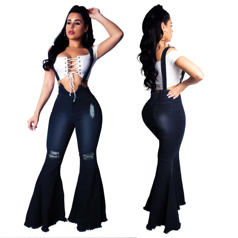 

Women high waist casual overalls jeans fashion washed stretch slim sexy hole jeans office lady denim pants sexy flar pants, 01