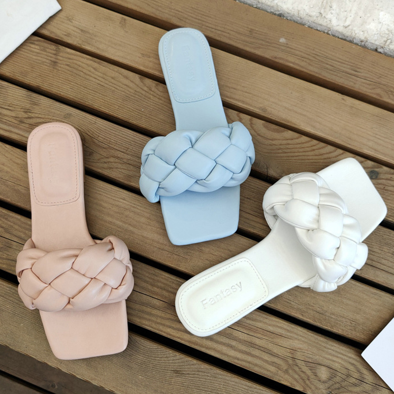 

Brand Women's Sandals Slides Square Toe Sandals Women's Summer Shoes 2020 New Women's Slippers Shoes For Women Flat Sandals, White