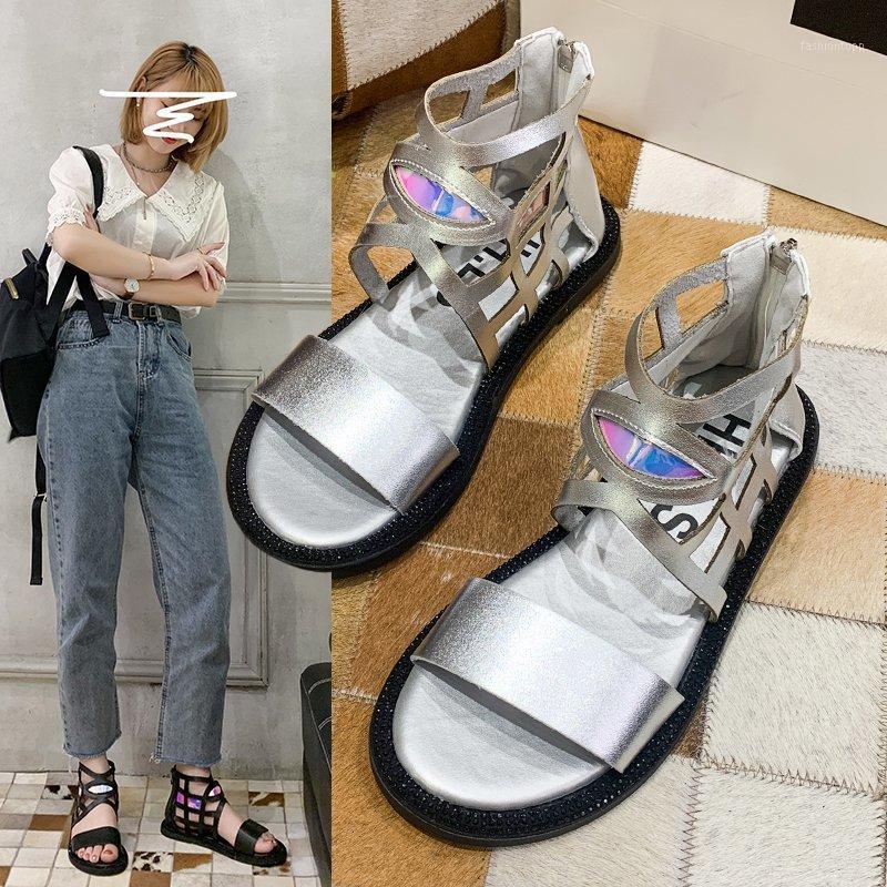 

2020 summer new fashion flat bottom wild word open toe high-top sandals retro simple Roman sandals female X0771, Black