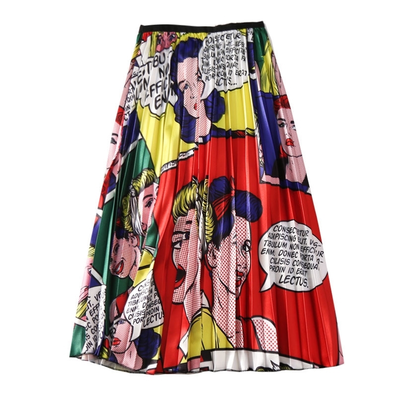 

Women's Cartoon Print Skirts European Summer Printing High Waist A-line Big Swing Pleated Midi Skirts Harajuku Female SP526 Y200326, As pic