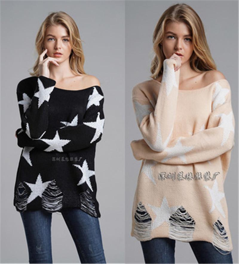 

Women Pullover Loose Sweater Fashion Trend Ladies Pentagram Print Sweaters Designer Female New Autumn Casual Hole Long Sleeve Clothes