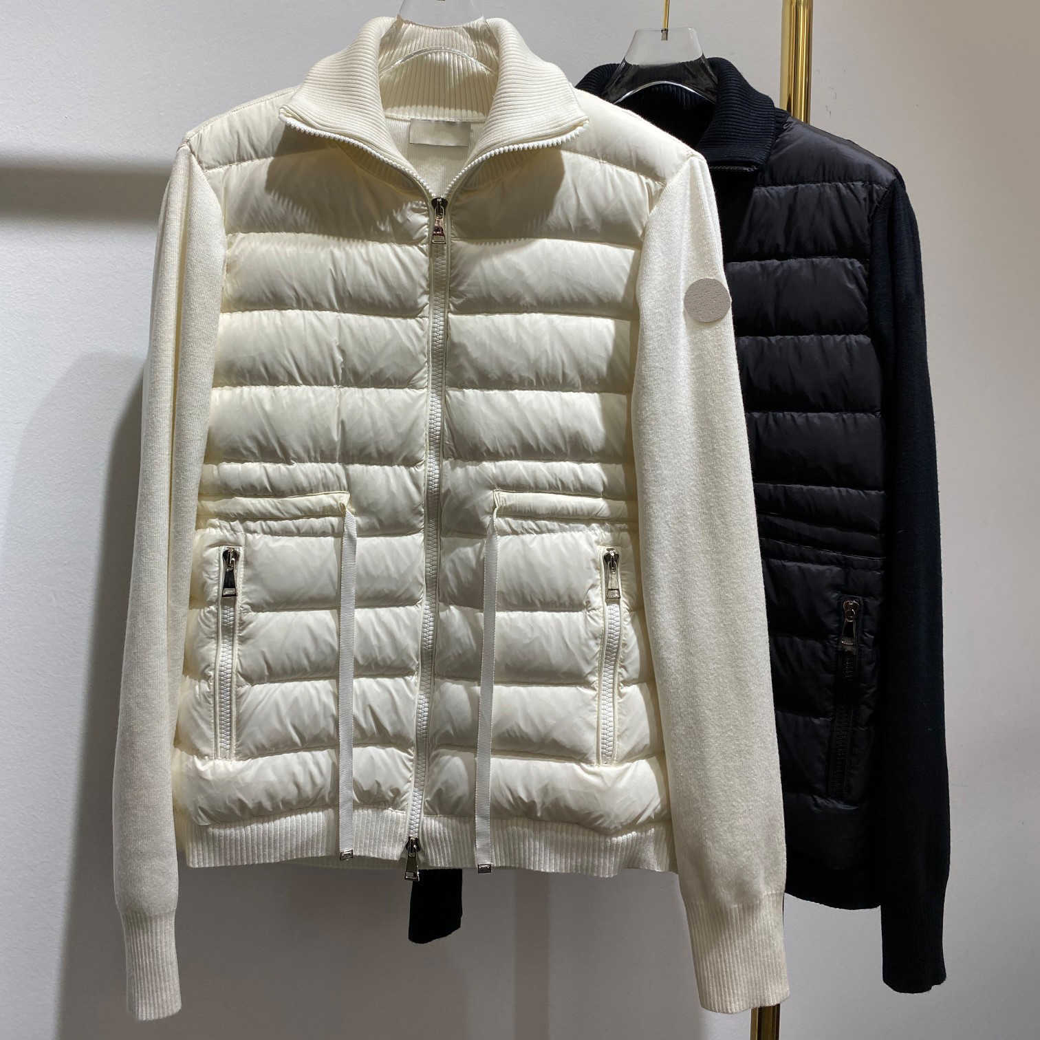 

Monclair Designer Women' Down Jackets French Brand Knit Patchwork Coat Embroidered Armbands Drawstring Waist Size -L, White