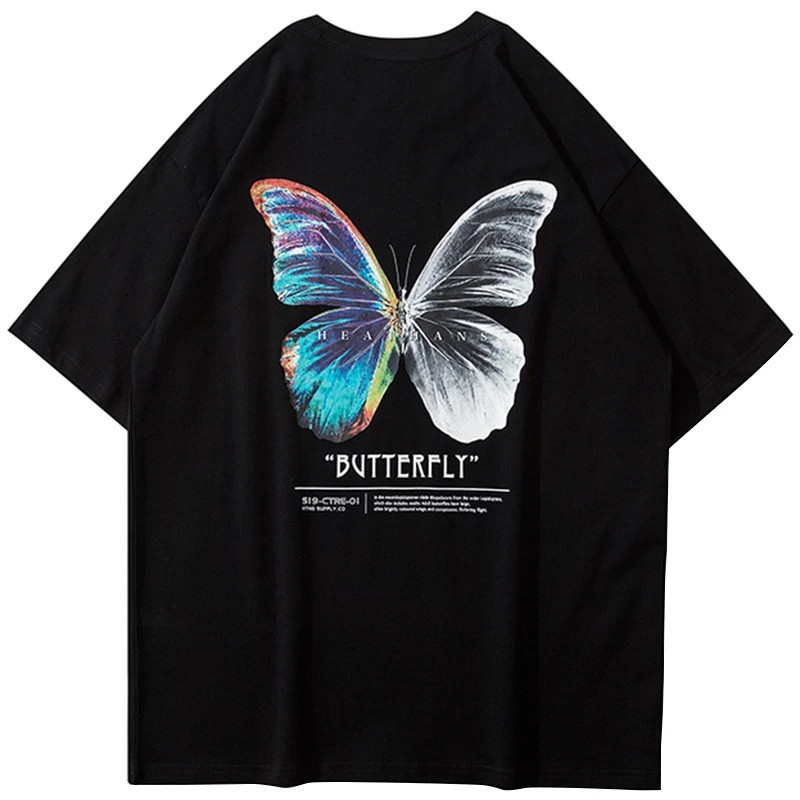 

New Hip Hop Oversize t Shirt Men 2021 Streetwear Harajuku Color Butterfly Tshirt Short Sleeve Cotton Loose Hiphop T-shirt Plus Size 4urk, Black