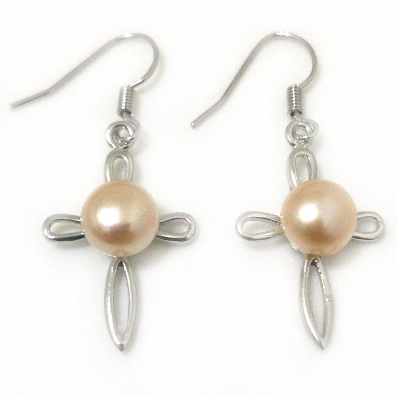 

8-9mm Natural Pink Button Pearl Cross Style Hook Earring