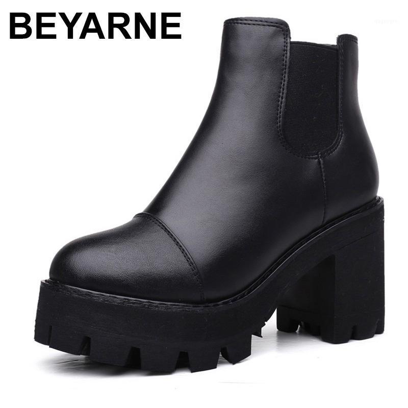 

BEYARNE 2021 Autumn Winter Women Ankle Boots Genuine Leather Thick High Heel Boots Women Warm Platform Black Ladies Shoes1, Without plush black