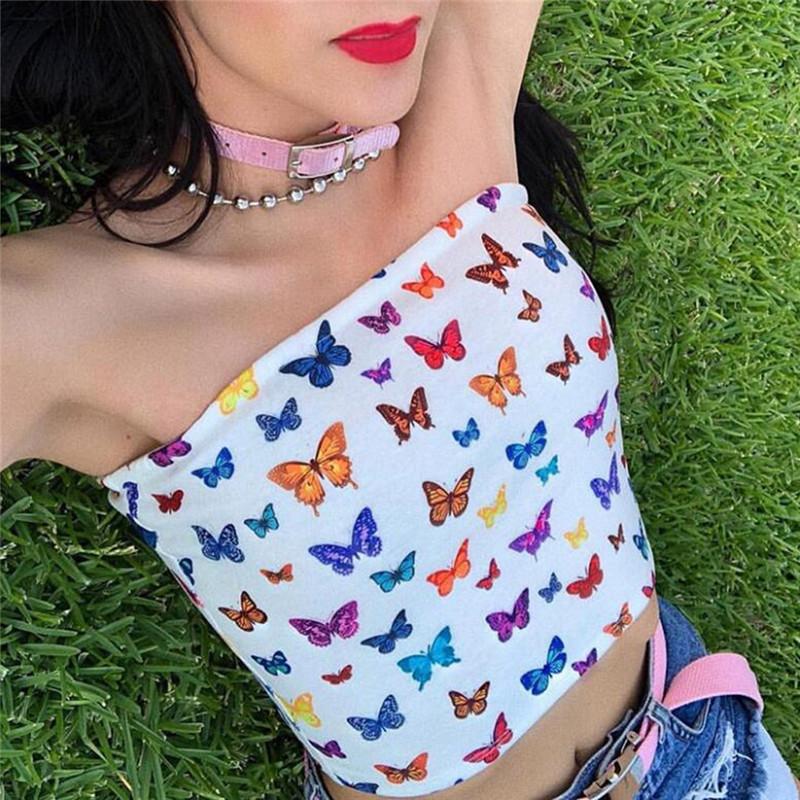 

Women Tube Top Summer Women Sexy Strapless Front Print Butterfly Bandeau Tube Top Cropped Tops Fashion 2020, White