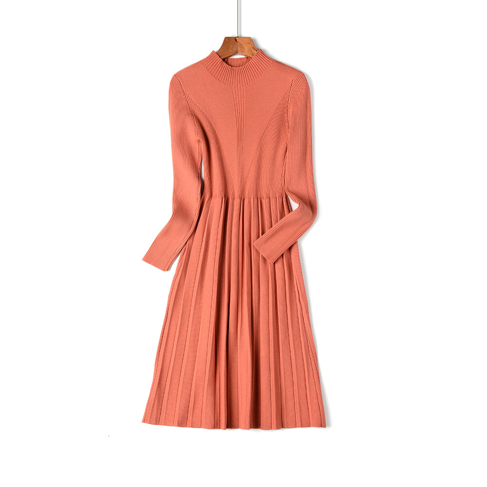 

2021 New Elegant Autumn Winter Long Sweater Women Sleeve Ol Lady Thick A-line Female Jumper O-neck Slim Knit Dress 12o3, Orange