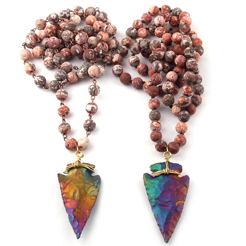 

Fashion Frosted Crystal knotted 8mm Multicolor Natural Stone Arrowhead Pendant Necklaces Women Lariat Necklaces