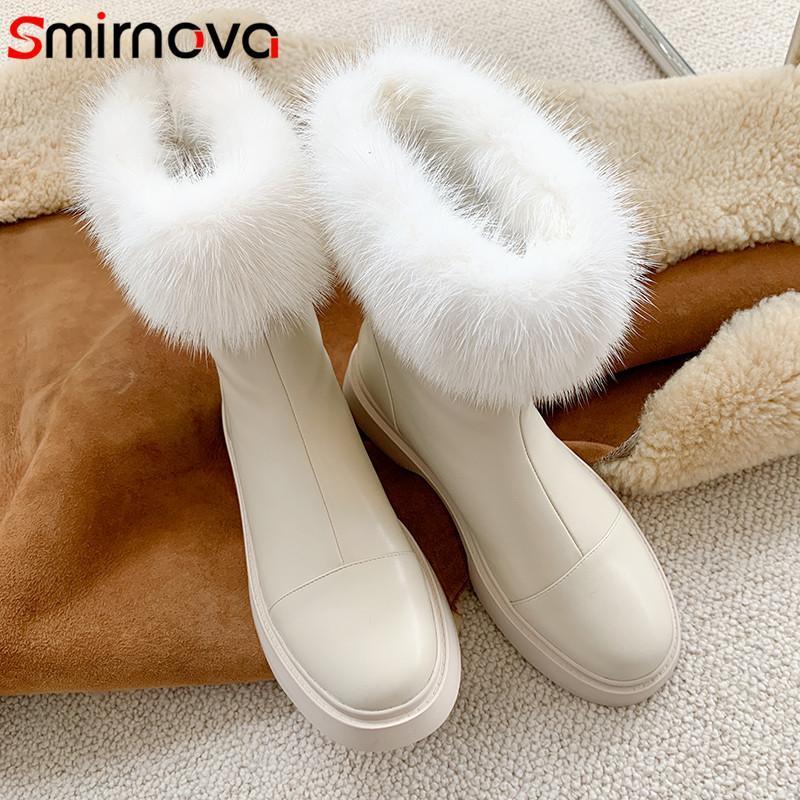 

Smirnova 2021 Hot Sale Genuine Leather Winter Shoes Women Snow Boots Solid Colors Zipper Low Heel Casual Shoes Women Ankle Boots1, Beige