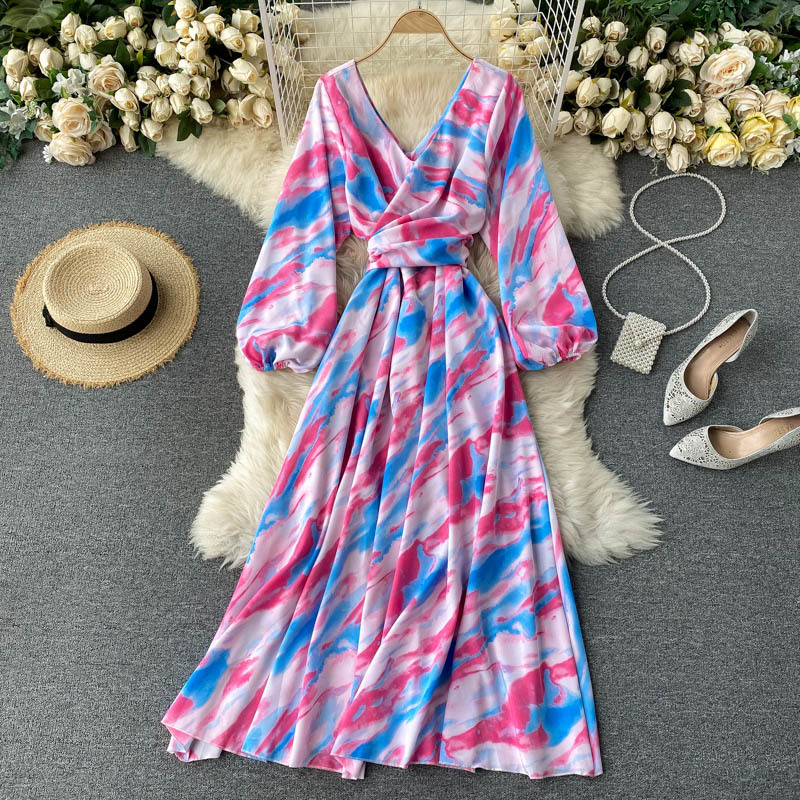 

2021 New female singing impression holiday neck puff the line elegant autumn bow tracks dressed long ZE8K, Yellow.