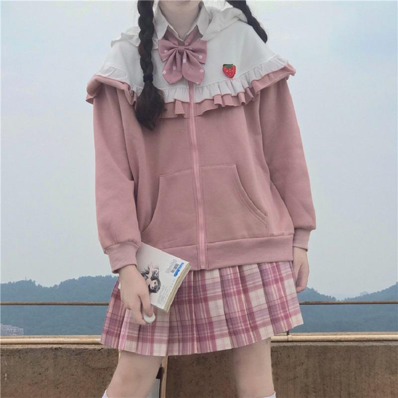 

Autumn Japanese Women Sweet Zipper Hooded Hoodies Preppy Style Long Sleeve Ruffles Bow Patchwork Loose Sweatshirts Girly Outwear, Pink