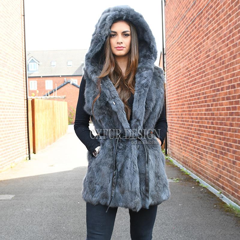 

CX-G-B-102D New Fashion Women's Fur Vest With Hood, Black