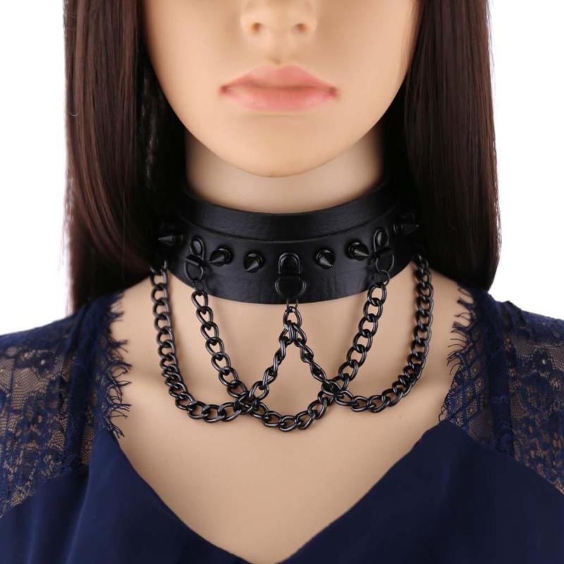 

Dark Gothic Multilayer Alloy Rivets Chain Choker Necklace Women Clavicle Collar Colier Nightclub Black Pink PU Leather Jewelry