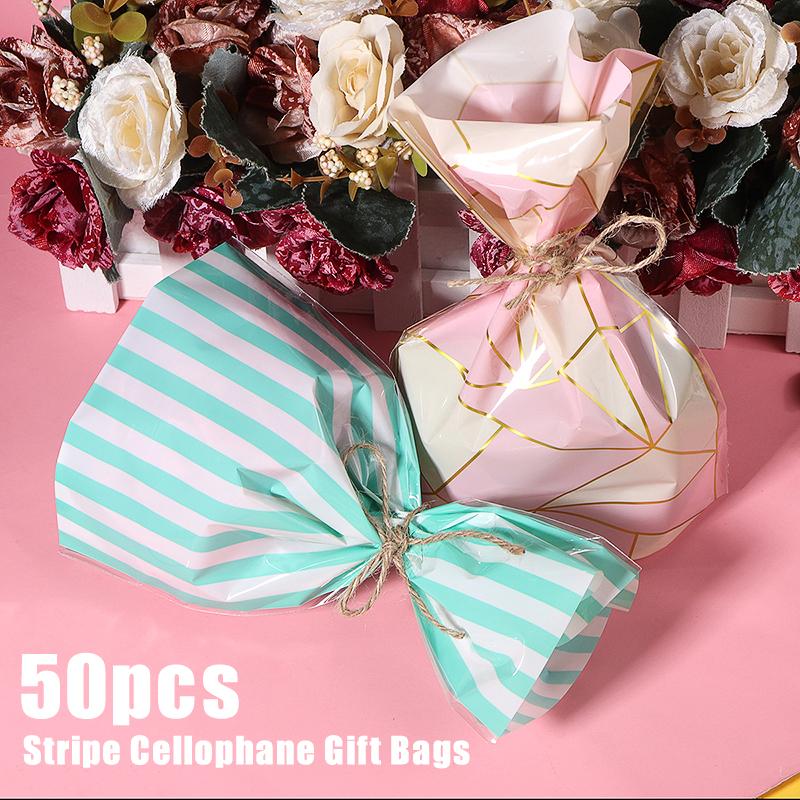 

50pcs/lot Stripe Cello Cellophane Bags Cookies Candy Gifts Bags Colorful Storage Bundke Pockets For Festival Gift Packing