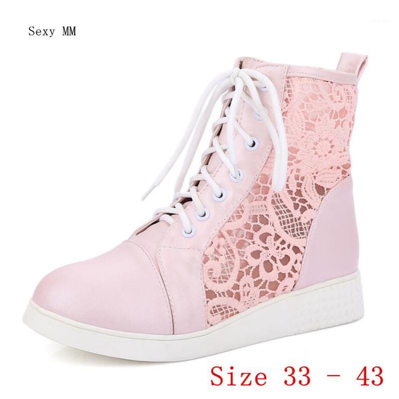 

High Quality Summer Spring Cut-Outs Woman Flat Ankle Boots Lace-Up Women Flats Casual Shoes Short Boots Plus Size 33-40.41,42,431, Black