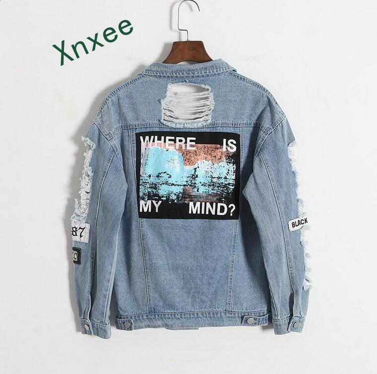 

Xnxee Where is my mind Korea Kpop retro frayed embroidery letter patch women &#39s denim bomber jacket Blue Coat Female