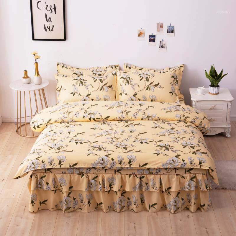 

100% cotton 4PCS bedroom bedding sets for home pink flower comfortable king size bedding yellow duvet cover purple bedskirt1
