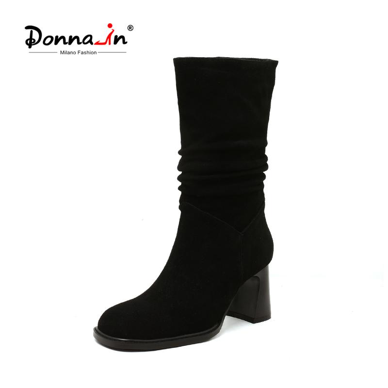 

Donna-in Heeled Women's Mid Calf Boots Square Heel Suede Leather 2020 Autumn Women's Boots ladies fashion elegant stretchy, Black short plush