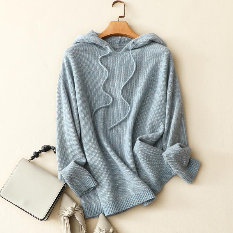 

2021 autumn winter new fashion women's string hooded sweater cozy high quality 100% cashmere sweater pullovers, Melange blue