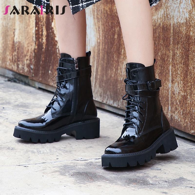 

SARAIRIS Big Size 33-43 Female Genuine Leather Boots Thick Sole Square High Heels Boots Women Cross Tied Buckle Shoes Woman1, Black patent