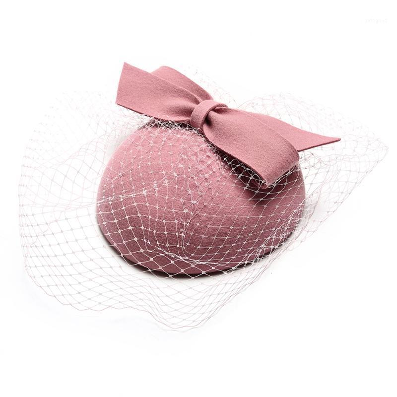 

Stingy Brim Hats For Women Elegant Pink Wedding Fedoras Fascinator Wig Accessories Wool Party Prom Banquet Bow With Veil Caps1, Pink hat