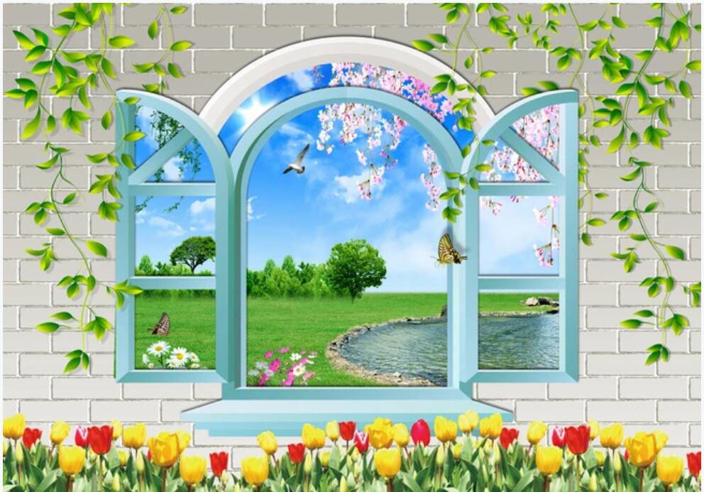 

Custom photo wallpaper 3 d Windows brick walls fields flowers scenery living room home decor 3d wall murals wallpaper for walls 3 d, Non-woven wallpaper