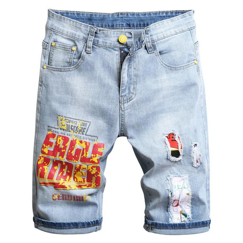 

Men's summer light blue letters printed stretch denim shorts Trendy patchwork ripped jeans, Sky blue