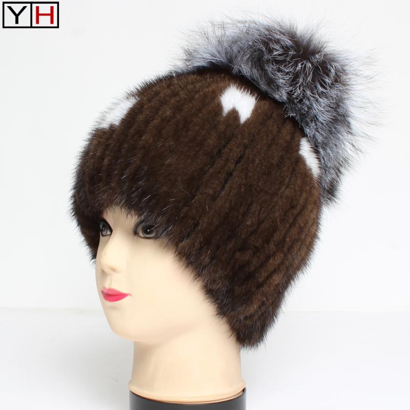 

New style Winter Genuine Knitted Beanies Women Fur Hat 100%Natural Real Caps Fashion Girl Real Fur Hats, Coffee