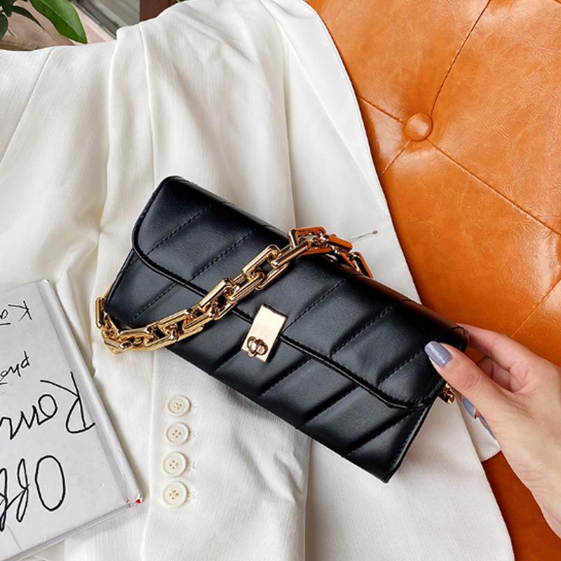 

2021 Spring New Women Baguette Bag Solid Color Chains Underarm Handbags PU Leather Shoulder Bags Designer Luxury Clutches, Black