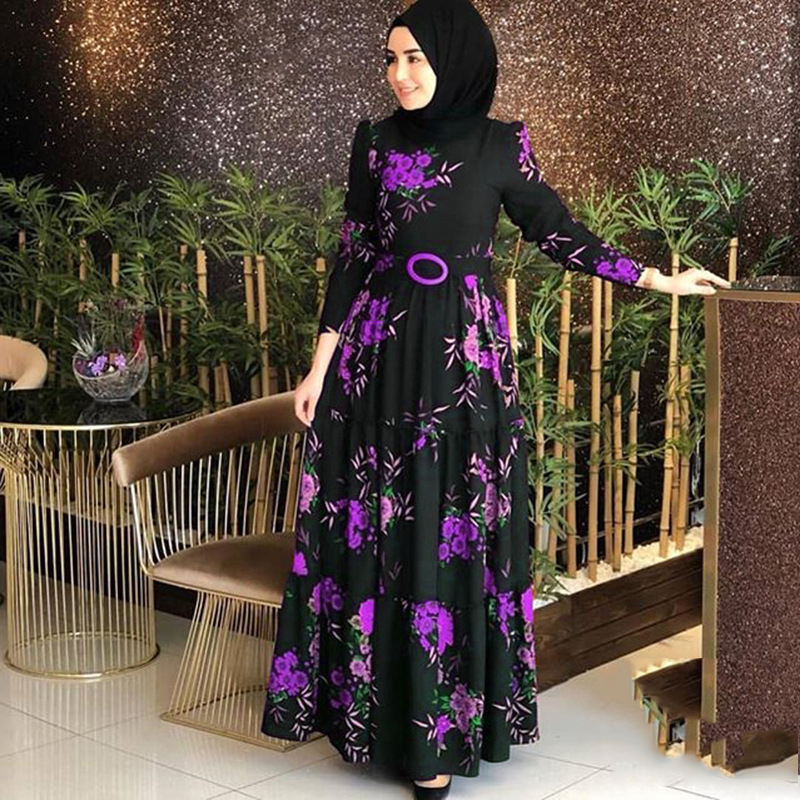 

Turkey Muslim Muslim Hijab Dress Women Print Floral Islamic Clothing Long Dresses Dubai Arab Slim Fit A-line Abaya Plus Size, Black;gray