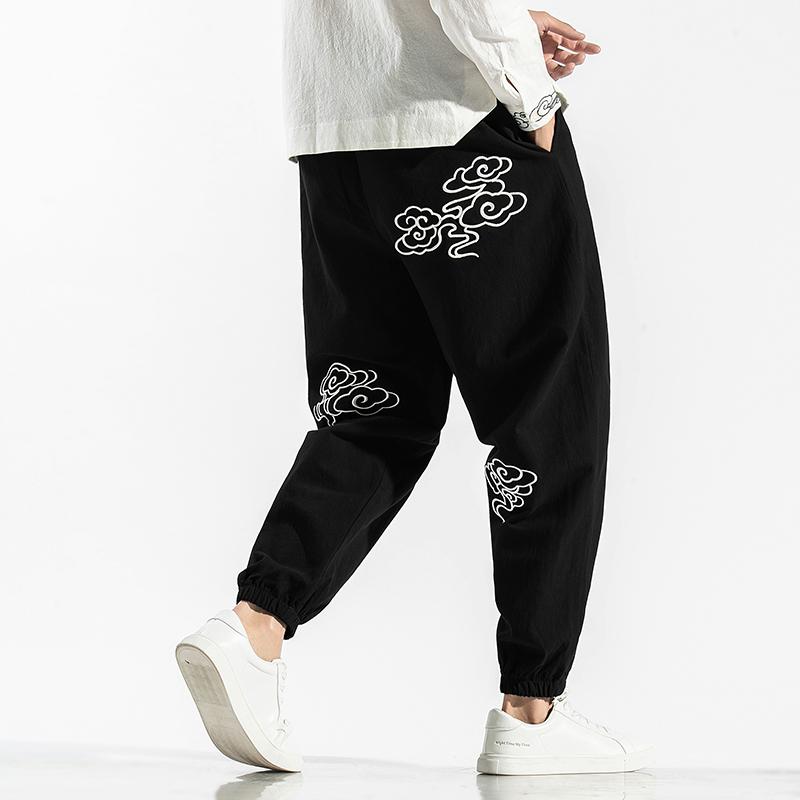 

New 2020 Summer Cuffed Pants Men Cotton Linen Bloom Pants Mens Red Chinese Style Harem Male Trousers Pantalon Hombre 5XL, Black linen pants
