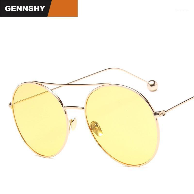 

2020 Vintage Big Frame Sunglasses Women Men Metal Steel Ball Sun Glasses Lady Double Bridge Fashion Yellow Ocean Lenses UV4001