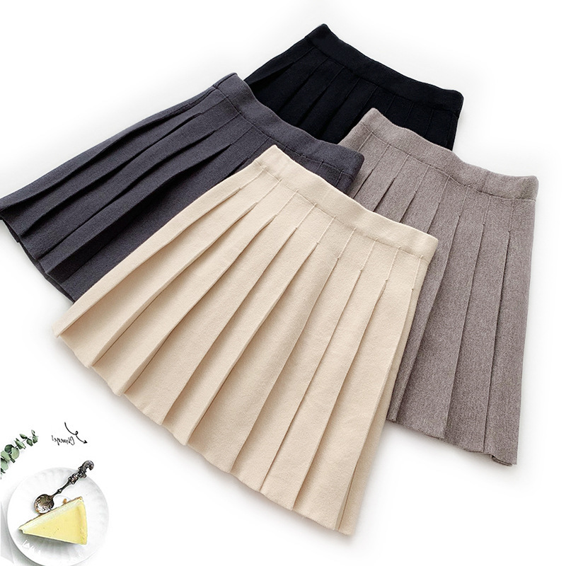 

2021 New Short Knit Women Mini High Waist Pleated a Line Preppy Style Ladies Unbrella Sweater Skirt Jupe Saia Jgch, Apricot