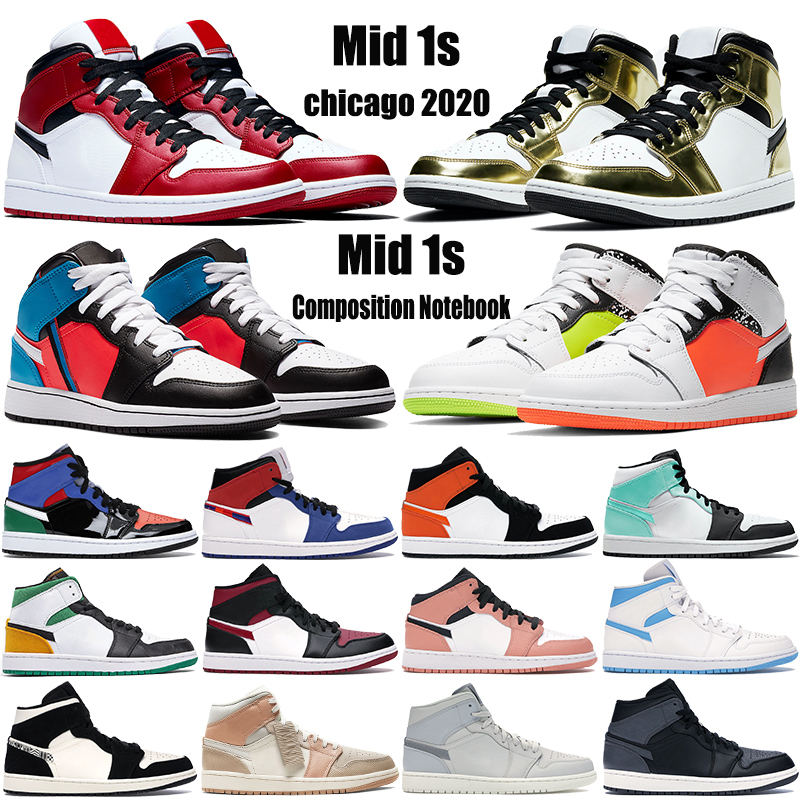 

New arrival mid 1 1s chicago jumpman basketball shoes mens UNC bred toe multi-color hock metallic gold black white men women sport sneakers, 36-45 mid chicago 2020