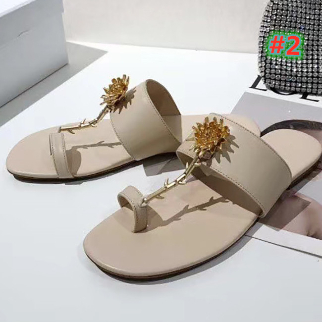 

Fashion Designer Sandals Women Flip Flops Genuine Leather Slides Sandals Metal Chain Ladies Summer Brand Casual Shoes size35-42, #1