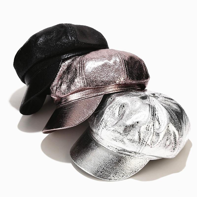 

New Autumn women casual faux leather beret cap Ladies octagonla hats Solid black silver Plated Newsboy hat gorros LVYI057, Beige