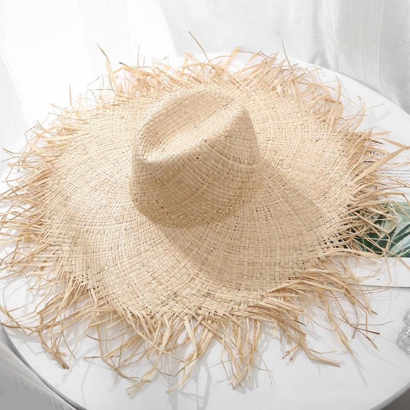 

Natural Large Wide Brim floppy hat Raffia jazz Straw Hat Women Summer Fringe Beach Cap hand Weave sun Hat wholesale Y200602, Like picture