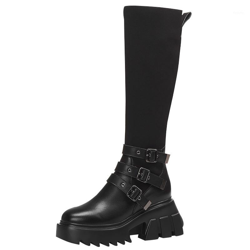 

2020 Fashion Genuine Leather Knight Boots New Style Versatile Skinny Boots Rivet Buckle Motorcycle Spring And Autumn1, Black