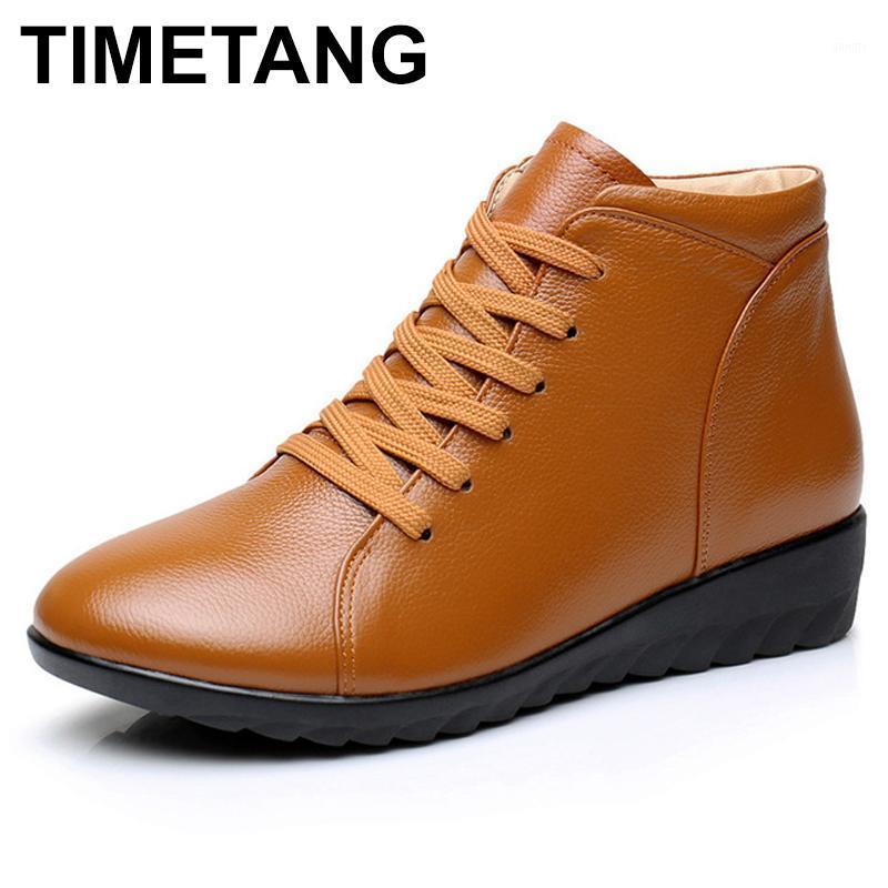 

TIMETANG New Winter Women Boots Genuine Leather Flat Heel Ankle Shoes Women's Casual Boots Female Flats Lace up Plus Size1, Single plush