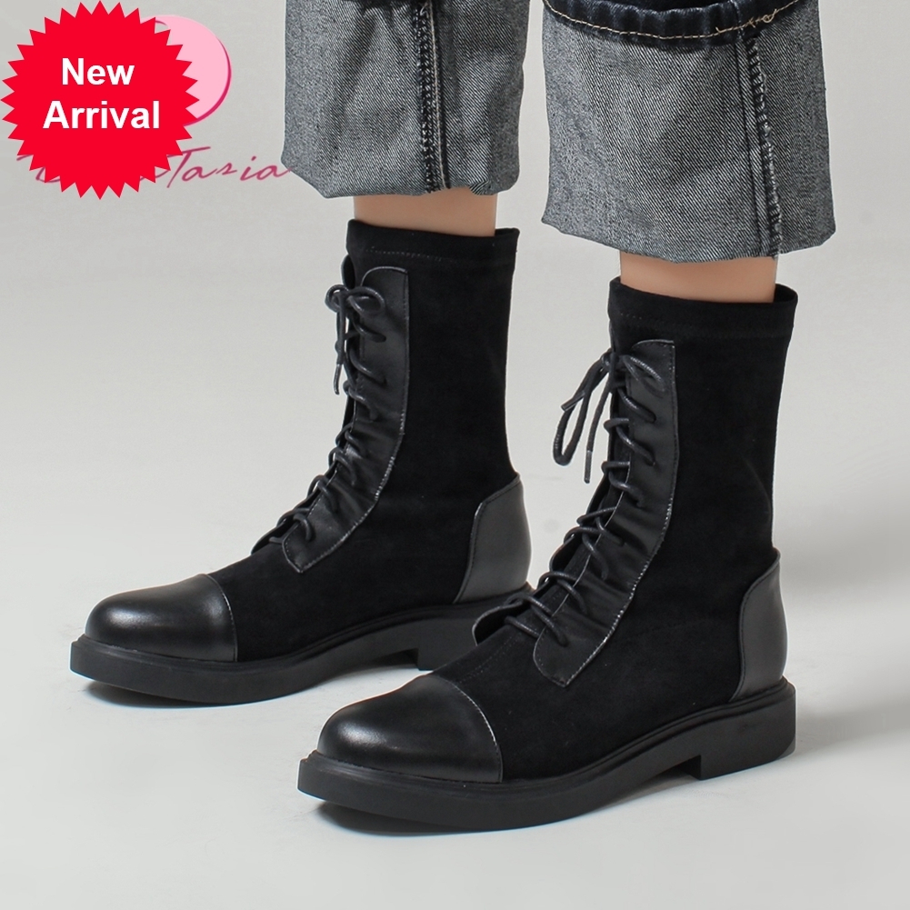 

2021 The New Size Large 31-43 Female Chunky Ankle Heels Fashion Shoelaces Boots Women's Woman's Shoes Wdq4, Black flock