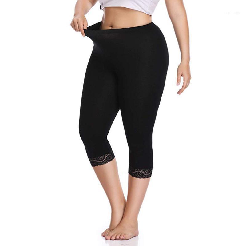 

New Yoga Pants Women's Plus Size Capri Cropped Leggings Stretch Lace Trim Soft Tights Pants Solid Gym Leggings Trousers 20201, Black
